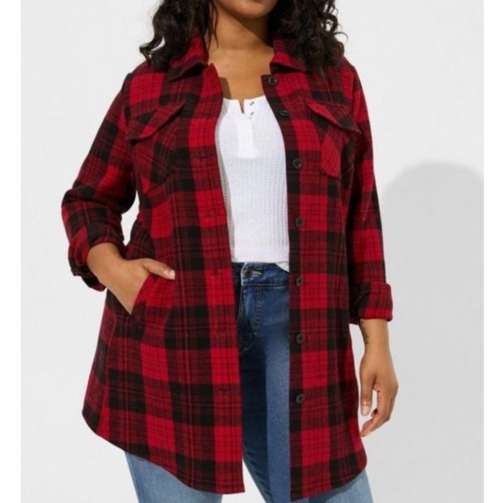 Torrid Midi Shacket Red Black Plaid Shirt Long Jacket Sz 1X 14 16